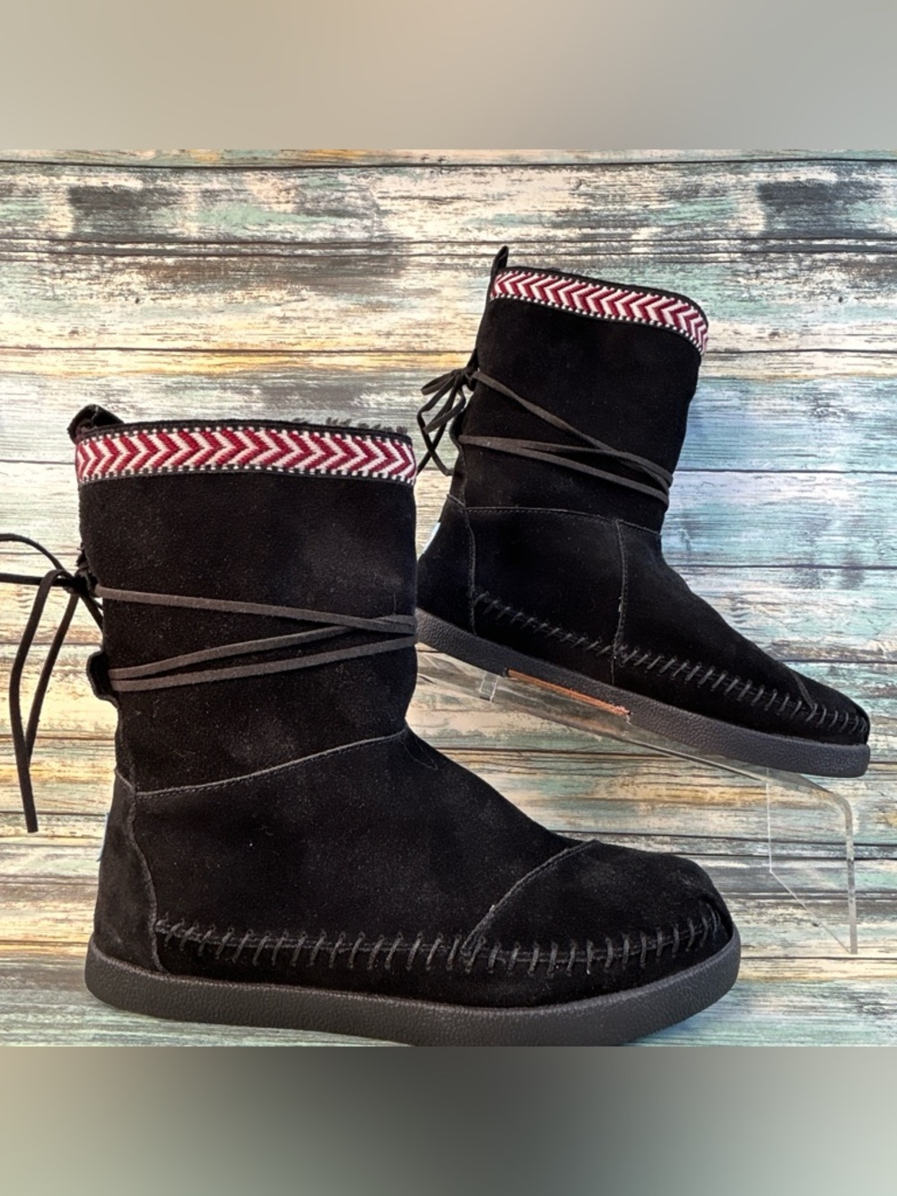 TOMS Nepal Mid Calf Boots Womens 7.5 Black Suede Pull On Faux Fur Boho Comfort